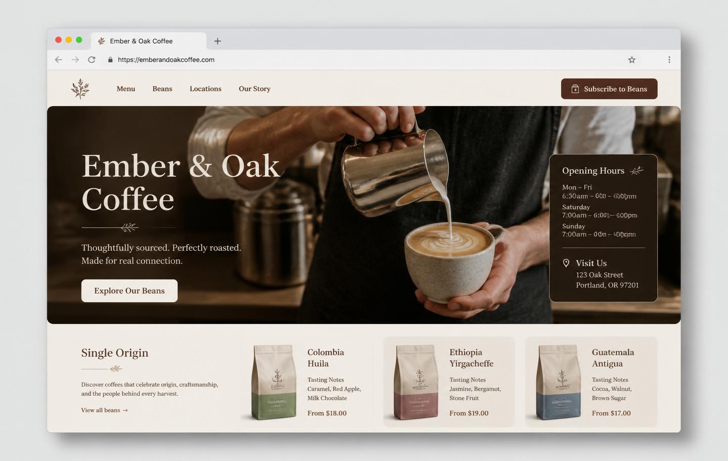 Ember & Oak Coffee website design — Specialty Coffee Roaster